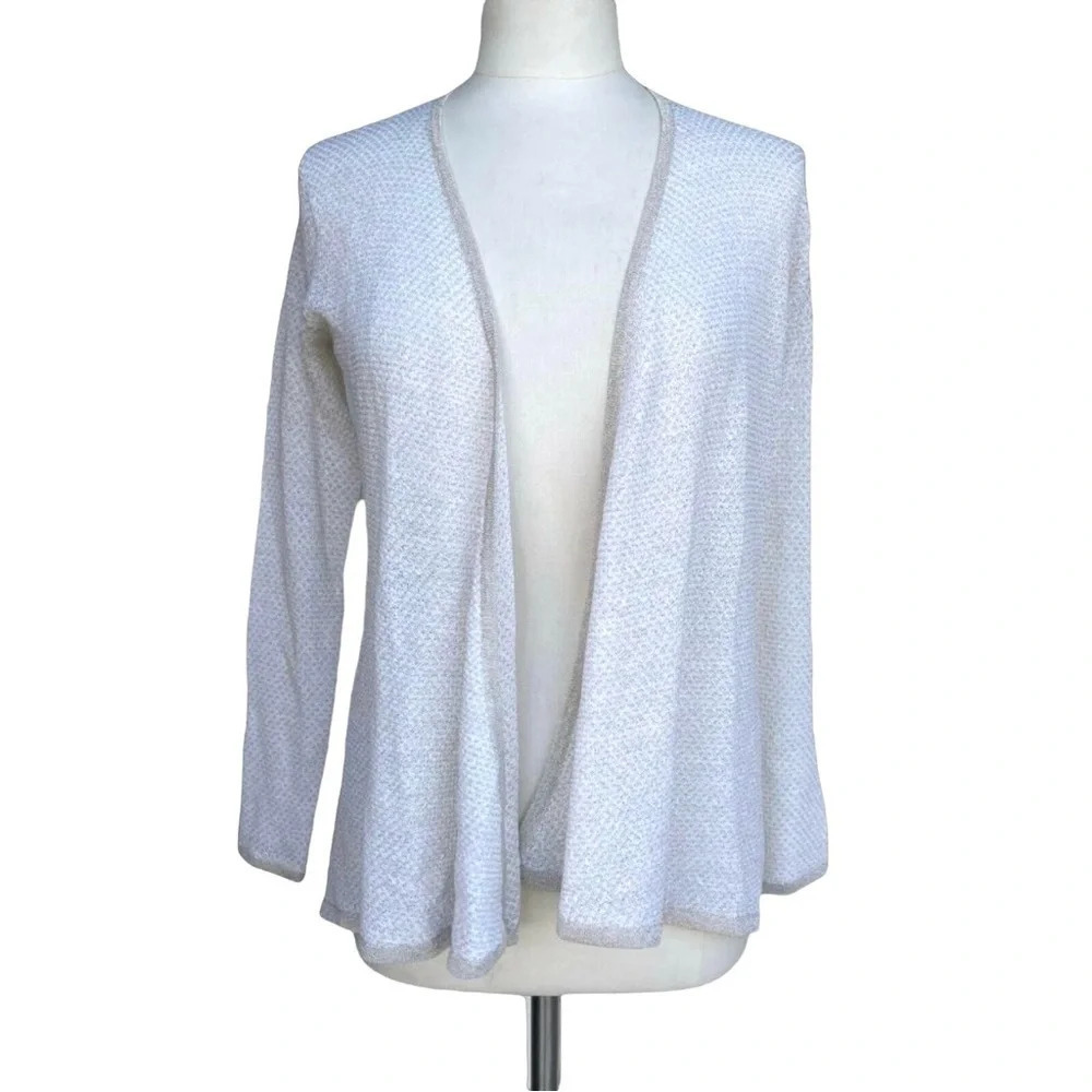DONCASTER COLLECTION Size S Ivory Linen Blend Metallic Open Front Cardigan
